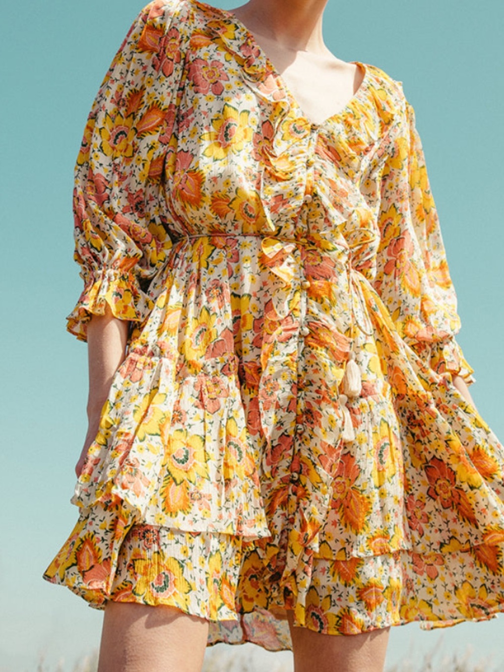 CLEOBELLA size large  Audrey Yellow Floral Tiered Mini Dress